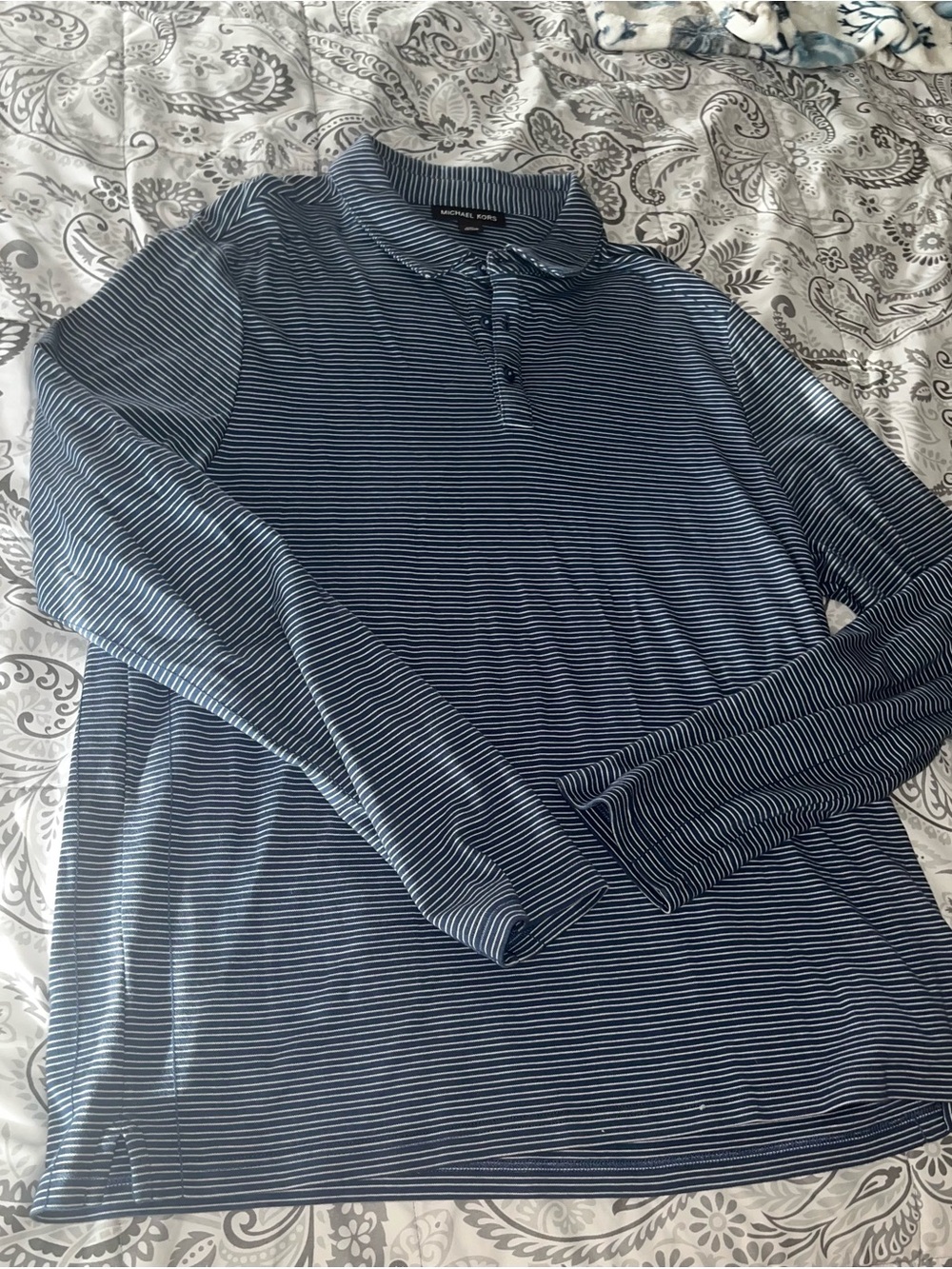 Michael Kors Navy and White Striped Long Sleeve Polo